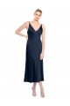 Bleu marine foncé Trapèze Col V midi Satiné Stretch Courte Robes demoiselle d'honneur / Robes de soirée / Robes de cocktail en Gros