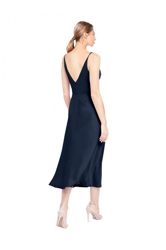Bleu marine foncé Trapèze Col V midi Satiné Stretch Courte Robes demoiselle d'honneur / Robes de soirée / Robes de cocktail en Gros