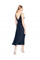 Bleu marine foncé Trapèze Col V midi Satiné Stretch Courte Robes demoiselle d'honneur / Robes de soirée / Robes de cocktail en Gros