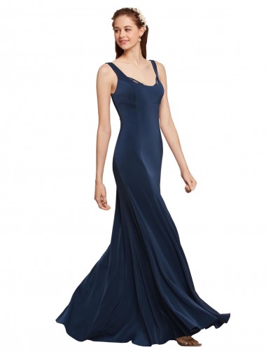 Bleu marine foncé Trapèze Col rond Crêpe Stretch Longue Formelles Robes demoiselle d'honneur / Robes de soirée / Robes de bal en Gros