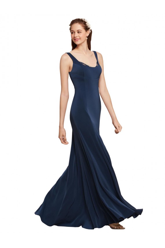 Bleu marine foncé Trapèze Col rond Crêpe Stretch Longue Formelles Robes demoiselle d'honneur / Robes de soirée / Robes de bal en Gros