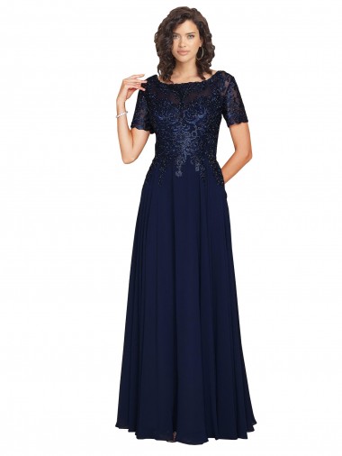 Bleu marine foncé Trapèze Col rond Mousseline Longue Robes demoiselle d'honneur / Robes de bal en Gros