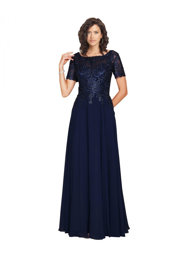Bleu marine foncé Trapèze Col rond Mousseline Longue Robes demoiselle d'honneur / Robes de bal en Gros