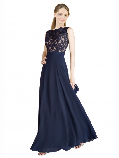 Bleu marine foncé Trapèze Illusion Mousseline Dentelle Longue Robes demoiselle d'honneur / Robes de bal en Gros