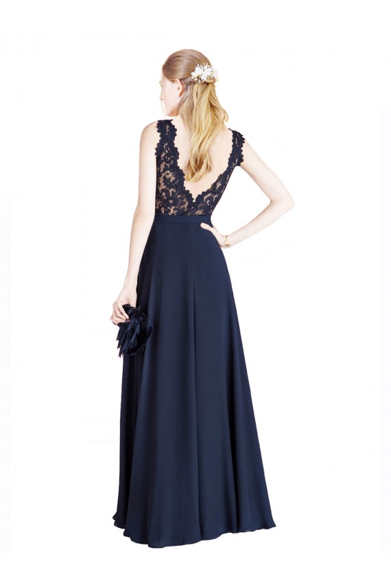 Bleu marine foncé Trapèze Illusion Mousseline Dentelle Longue Robes demoiselle d'honneur / Robes de bal en Gros