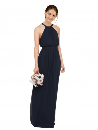 Bleu marine foncé Trapèze Licou Col Haut Mousseline Longue Robes demoiselle d'honneur en Gros