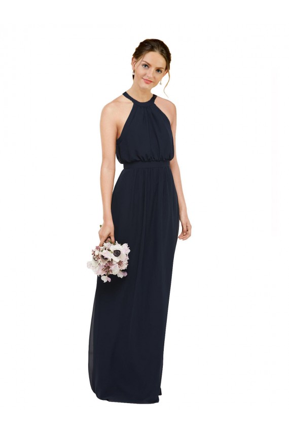 Bleu marine foncé Trapèze Licou Col Haut Mousseline Longue Robes demoiselle d'honneur en Gros