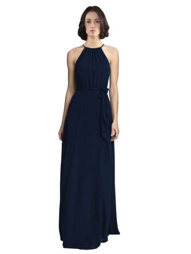 Bleu marine foncé Trapèze Licou Col Haut Mousseline Longue Robes demoiselle d'honneur en Gros