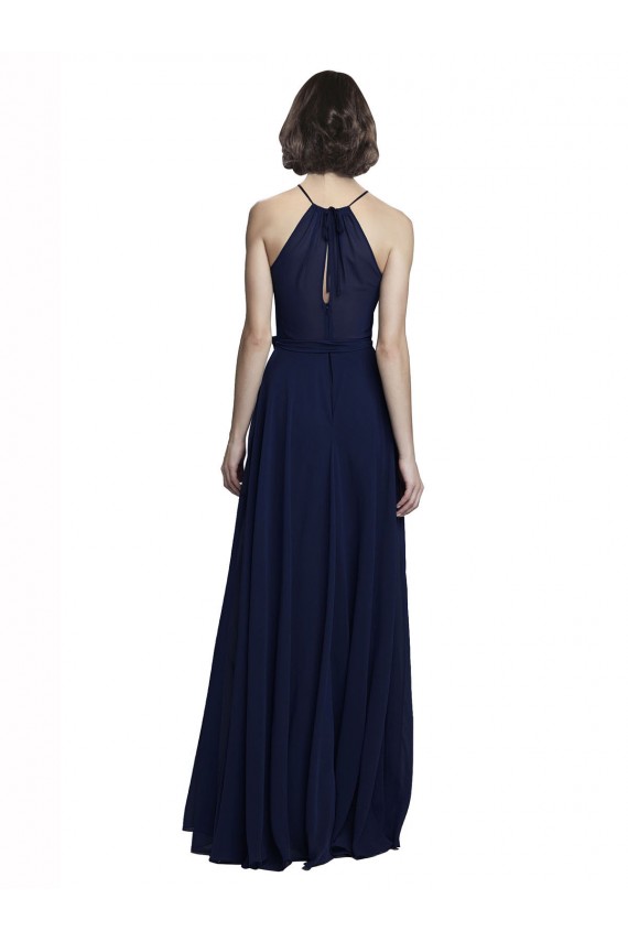 Bleu marine foncé Trapèze Licou Col Haut Mousseline Longue Robes demoiselle d'honneur en Gros