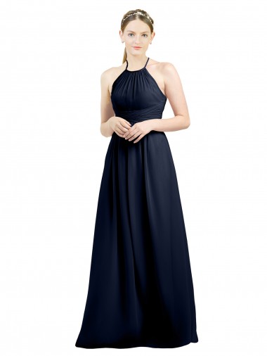 Bleu marine foncé Trapèze Licou Col Haut Mousseline Longue Robes demoiselle d'honneur en Gros