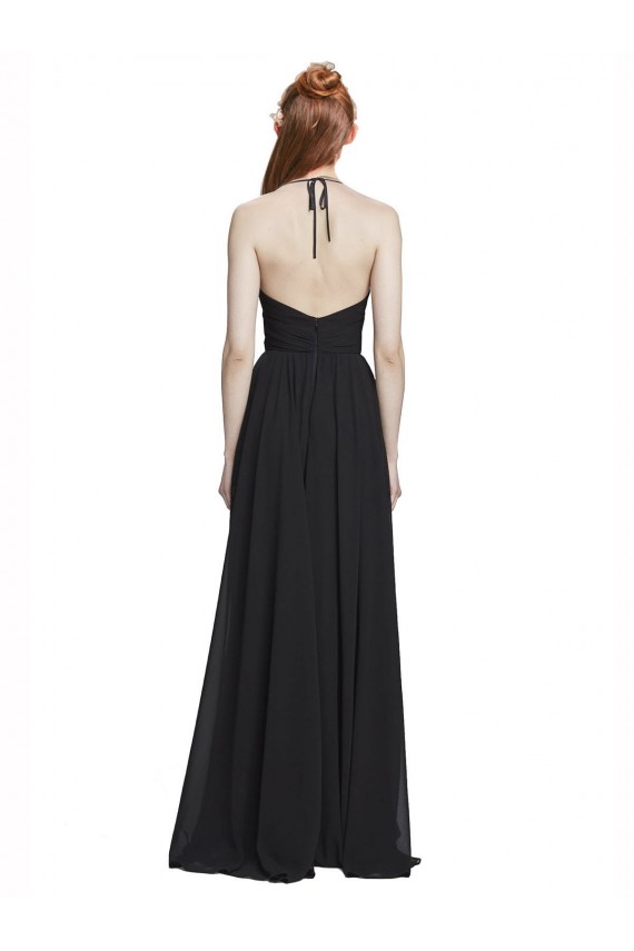 Bleu marine foncé Trapèze Licou Col V Mousseline Longue Robes demoiselle d'honneur en Gros
