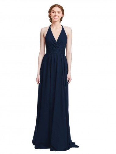 Bleu marine foncé Trapèze Licou Col V Mousseline Longue Robes demoiselle d'honneur en Gros