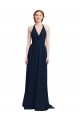 Bleu marine foncé Trapèze Licou Col V Mousseline Longue Robes demoiselle d'honneur en Gros