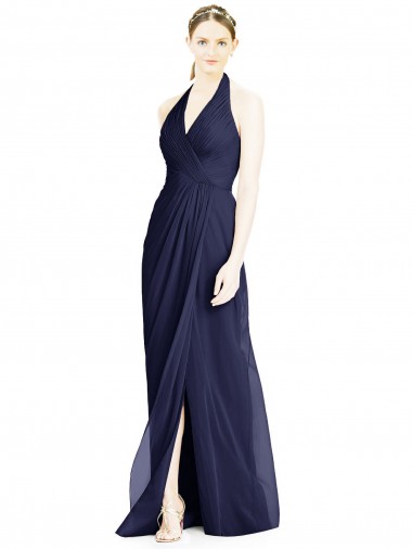 Bleu marine foncé Trapèze Licou Col V Mousseline Longue Robes demoiselle d'honneur en Gros
