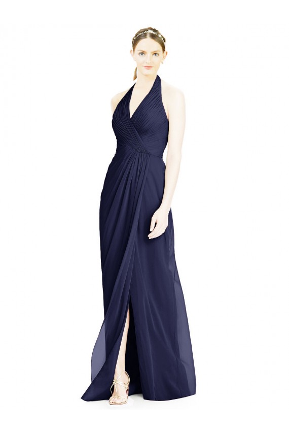 Bleu marine foncé Trapèze Licou Col V Mousseline Longue Robes demoiselle d'honneur en Gros
