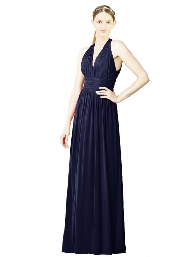 Bleu marine foncé Trapèze Licou Col V Mousseline Longue Robes demoiselle d'honneur en Gros
