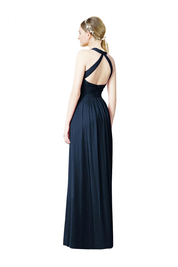 Bleu marine foncé Trapèze Licou Col V Mousseline Longue Robes demoiselle d'honneur en Gros