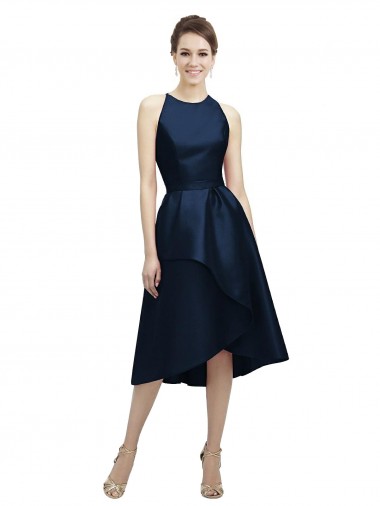 Bleu marine foncé Trapèze Licou Col bijou Satiné Courte Asymétrique Robes demoiselle d'honneur en Gros