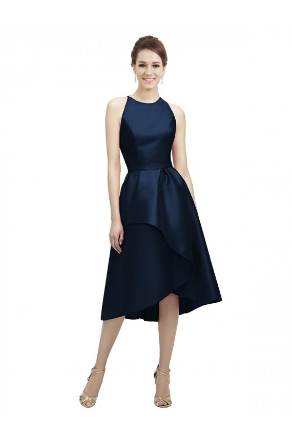 Bleu marine foncé Trapèze Licou Col bijou Satiné Courte Asymétrique Robes demoiselle d'honneur en Gros