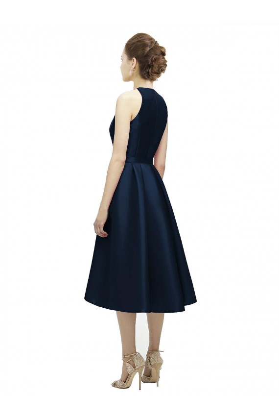 Bleu marine foncé Trapèze Licou Col bijou Satiné Courte Asymétrique Robes demoiselle d'honneur en Gros