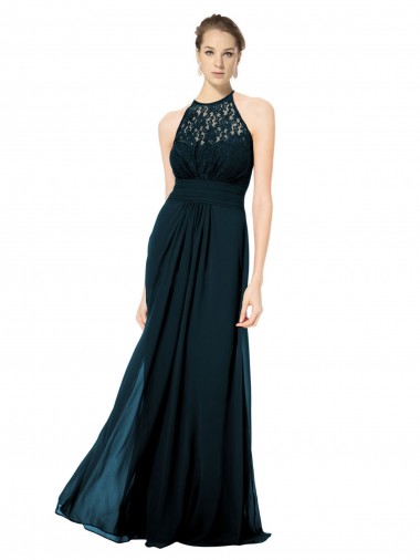 Bleu marine foncé Trapèze Licou Illusion Mousseline Dentelle Longue Robes demoiselle d'honneur en Gros