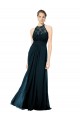 Bleu marine foncé Trapèze Licou Illusion Mousseline Dentelle Longue Robes demoiselle d'honneur en Gros