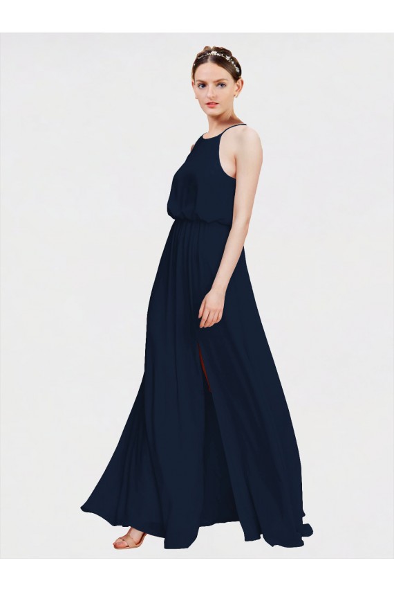 Bleu marine foncé Trapèze Licou Mousseline Longue Robes demoiselle d'honneur en Gros
