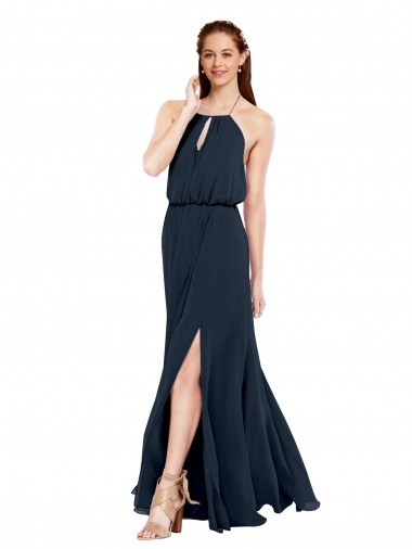 Bleu marine foncé Trapèze Licou Mousseline Longue Robes demoiselle d'honneur en Gros