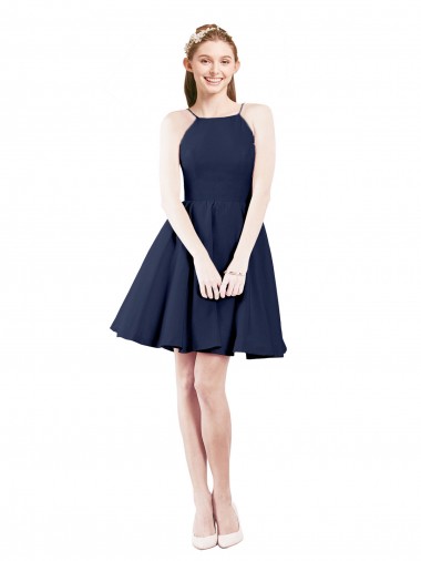 Bleu marine foncé Trapèze Licou Satiné Courte Robes demoiselle d'honneur / Robes de cocktail en Gros