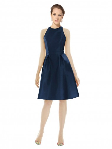 Bleu marine foncé Trapèze Licou Satiné Courte Robes demoiselle d'honneur / Robes de cocktail en Gros