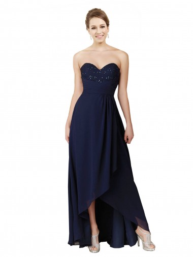 Bleu marine foncé Trapèze Mousseline Longue Asymétrique Robes demoiselle d'honneur en Gros