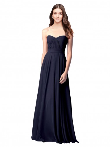 Bleu marine foncé Trapèze Sans bretelle Mousseline Longue Robes demoiselle d'honneur en Gros
