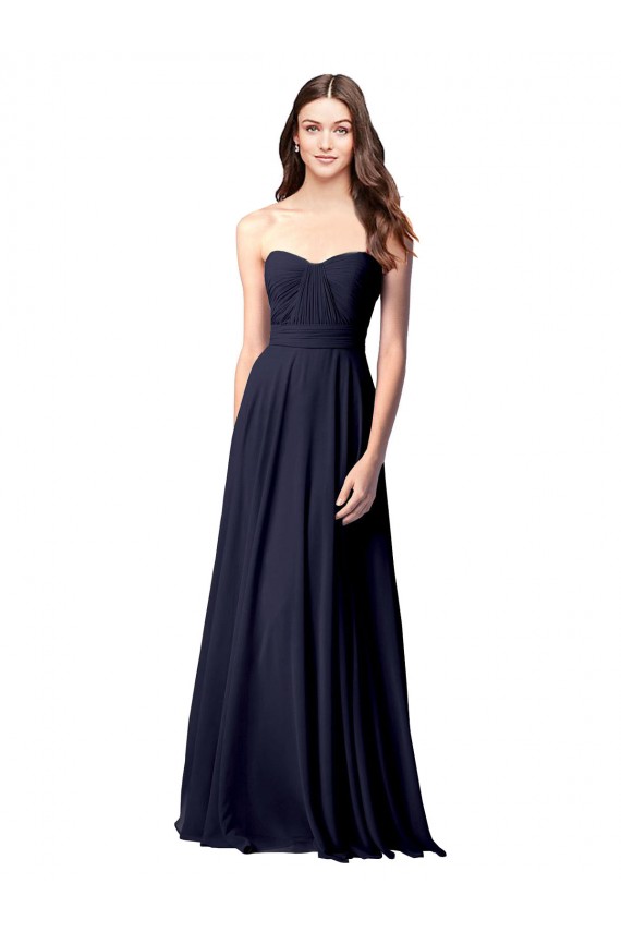Bleu marine foncé Trapèze Sans bretelle Mousseline Longue Robes demoiselle d'honneur en Gros