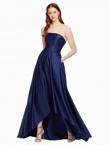 Bleu marine foncé Trapèze Sans bretelle Satiné Longue Asymétrique Formelles Robes demoiselle d'honneur / Robes de soirée / Robes de bal en Gros