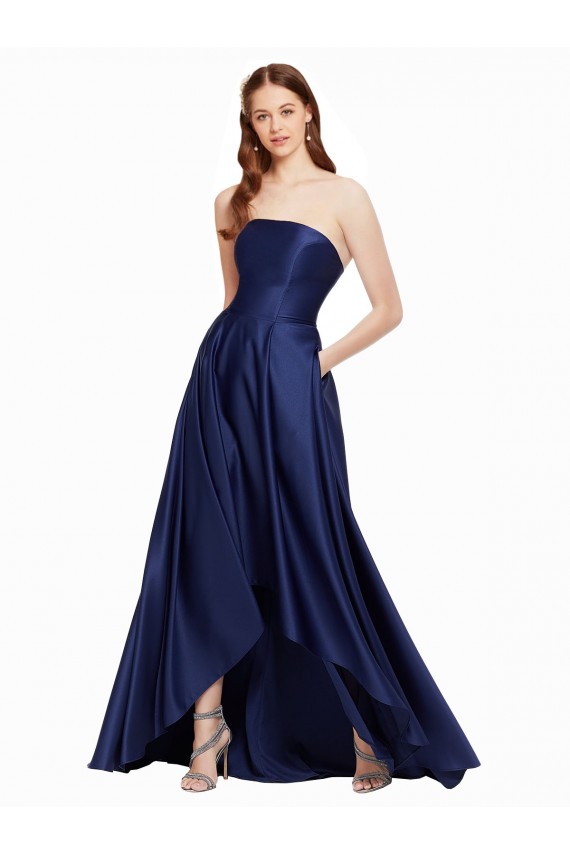 Bleu marine foncé Trapèze Sans bretelle Satiné Longue Asymétrique Formelles Robes demoiselle d'honneur / Robes de soirée / Robes de bal en Gros
