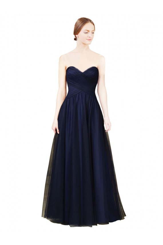 Bleu marine foncé Trapèze Sans bretelle Tulle Longue Robes demoiselle d'honneur en Gros
