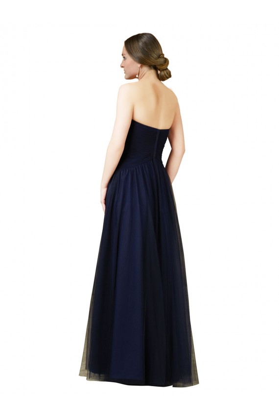 Bleu marine foncé Trapèze Sans bretelle Tulle Longue Robes demoiselle d'honneur en Gros