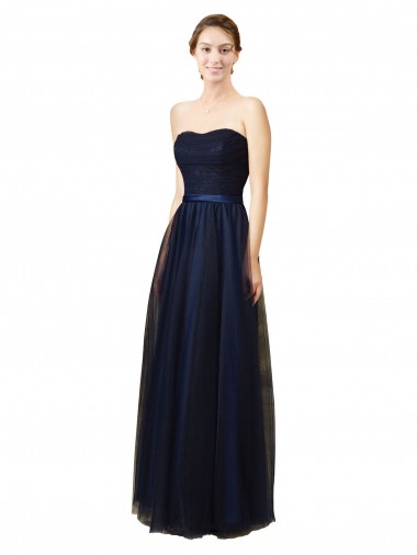 Bleu marine foncé Trapèze Sans bretelle Tulle Longue Robes demoiselle d'honneur en Gros