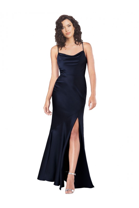 Bleu marine foncé Trapèze Satiné Soyeux Longue Formelles Robes demoiselle d'honneur / Robes de soirée / Robes de bal en Gros