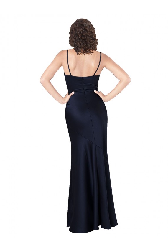 Bleu marine foncé Trapèze Satiné Soyeux Longue Formelles Robes demoiselle d'honneur / Robes de soirée / Robes de bal en Gros