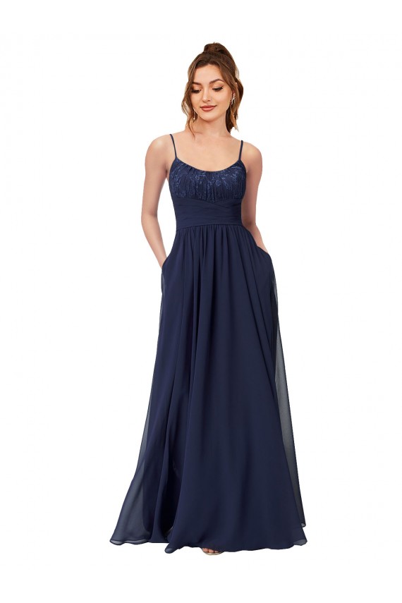 Bleu marine foncé Trapèze Scoop Mousseline Dentelle Longue Robes demoiselle d'honneur en Gros