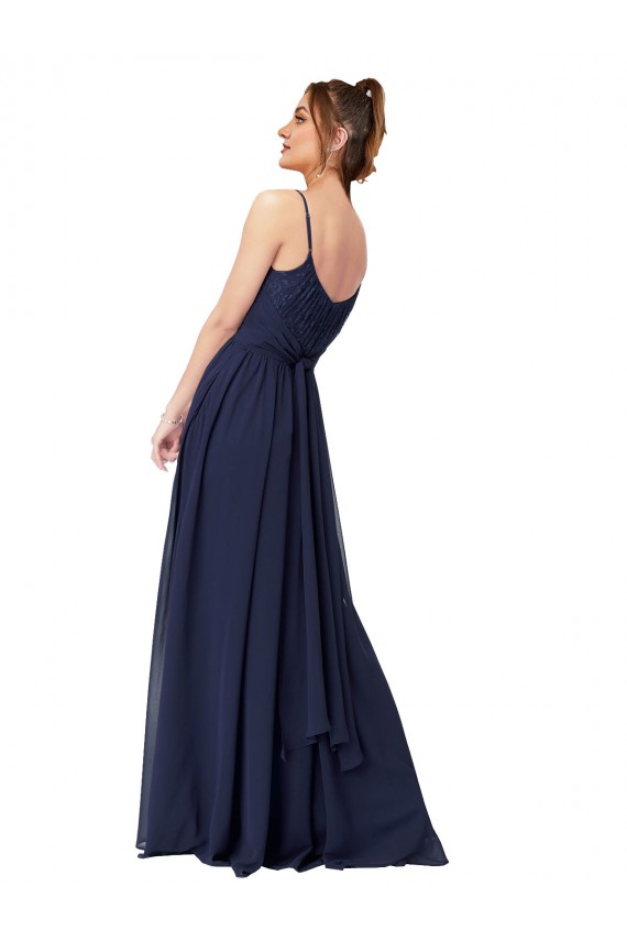 Bleu marine foncé Trapèze Scoop Mousseline Dentelle Longue Robes demoiselle d'honneur en Gros