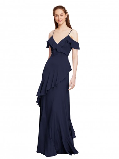 Bleu marine foncé Trapèze Épaule Dénudée Bretelles spaghetti Mousseline Longue Robes demoiselle d'honneur en Gros