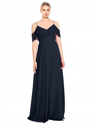 Bleu marine foncé Trapèze Épaule Dénudée Bretelles spaghetti Mousseline Longue Robes demoiselle d'honneur en Gros