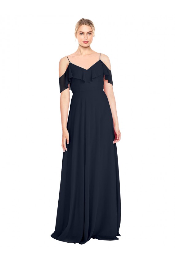 Bleu marine foncé Trapèze Épaule Dénudée Bretelles spaghetti Mousseline Longue Robes demoiselle d'honneur en Gros