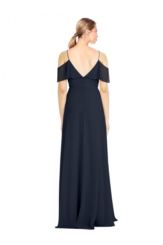 Bleu marine foncé Trapèze Épaule Dénudée Bretelles spaghetti Mousseline Longue Robes demoiselle d'honneur en Gros