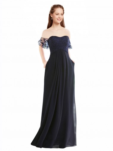 Bleu marine foncé Trapèze Épaule Dénudée Col V Mousseline Dentelle Longue Robes demoiselle d'honneur en Gros