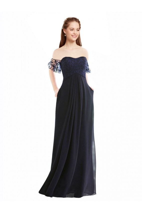 Bleu marine foncé Trapèze Épaule Dénudée Col V Mousseline Dentelle Longue Robes demoiselle d'honneur en Gros