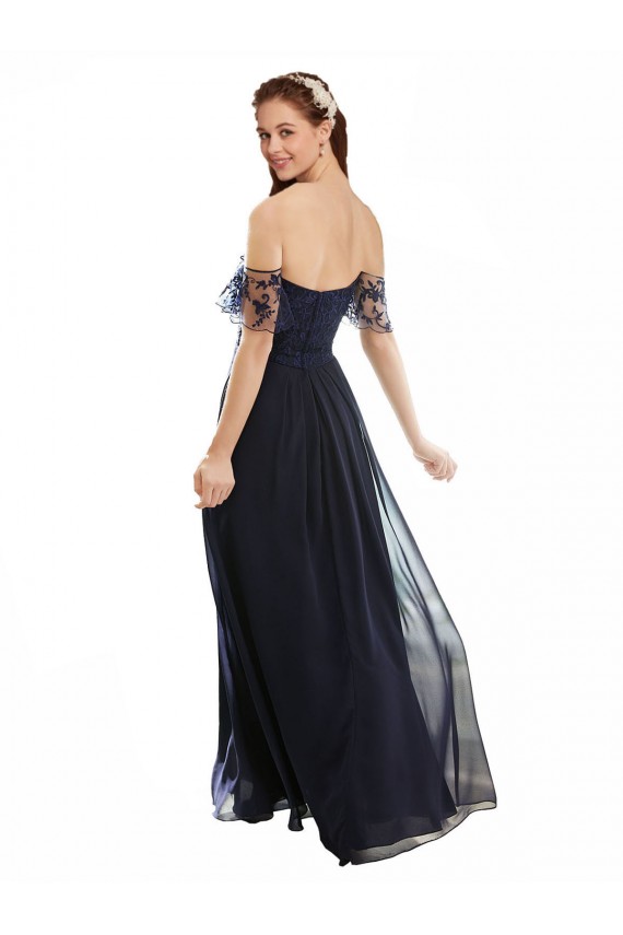 Bleu marine foncé Trapèze Épaule Dénudée Col V Mousseline Dentelle Longue Robes demoiselle d'honneur en Gros