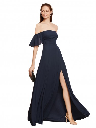 Bleu marine foncé Trapèze Épaule Dénudée Mousseline Longue Robes demoiselle d'honneur / Robes de bal en Gros